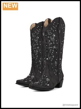 Western Mid Calf Cowboy Boots Rhinestone Chunky Heel Pull-On Leather